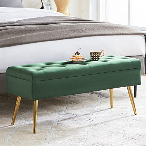 RUCUKEN Förvaringsbänk ottoman bänk med förvaring mörkgrön sammet 102 cm B x 35 cm D med guldmetallben sovrumsbänkar för sängens fot, sängkant, entré
