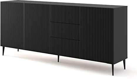 BIM Furniture Kommode Ravenna B 3D3S 200 cm mit gefräster Front Hochwertiges MDF, Sideboard, Buffet auf Schwarze Metallstiftbeinen, 3 Schränke, 3 Schubladen (Schwarz Matt)