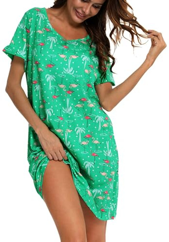 MIA LUCCE Chemise de Nuit Femme Manches Courtes Nuisette Femme Coton Robe de Nuit Col Rond de Nuit Imprimée S-XXXL