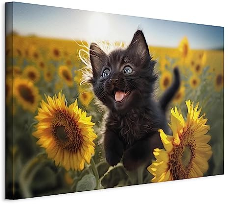 murando - Akustikbild Katze lustig Bilder 120x80 cm Akustikschaum Hochleistungsschallabsorber Schallschutz 1 tlg Wandbild Raumakustik Schalldämmung schwarze Kätzchen Sonnenblumen
