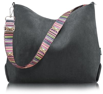 Prite Shopper Tasche Damen Groß Cord Tasche Tote Bag mit Verstellbarem Schultergurt für College Schule Arbeit Reisen Einkaufen（Grau）