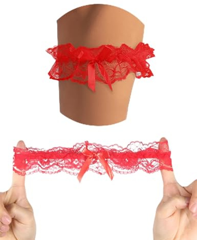 ohmydear Wedding Garters for Brides 2 Piece Floral Lace Bridal Garter Set Elastic Thigh Leg Ring with Satin Bow for Shower Prom Cosplay Hen Party Women Girls Red Garter