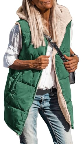 shownicer Lang Jacke Weste Damen Reversibel Sherpa Fleece Lang Wendeweste mit Kapuze Winter Warm Ärmellos Gefüttert Westen Fleeceweste Plüschweste Outwear Daunenweste A Grün 3XL