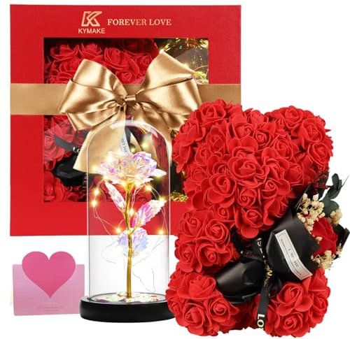 POHOMEGK Cadeau Femme Ours Rose pour la Saint-Valentin, Cadeaux d’Anniversaire pour Elle, Ensemble-Cadeau avec Ours en Roses et Rose éternelle