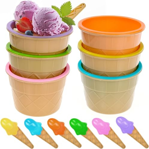LTHERMELK Set di 6 bicchieri da gelato riutilizzabili con paletta, in plastica, color caramella (giallo, blu, verde, arancione, rosa, viola)