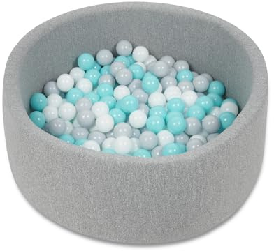 Babyzee Kids Foam Ball Pit includes 200 Balls, Kids Ball Pool, Ball Pit 90cmx30cm - Light Grey, Balls 6cm Diameter - Blue, Grey & White