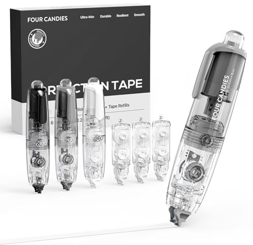 Four Candies Nachfüllbares Einziehbares Korrekturband, 3er-Set Weiß mit 3 Ersatzkassetten. Glattes, stiftförmiges Design – niedlich und praktisch für Schule, Büro und Studium
