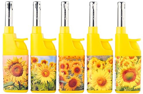 Komfort Feuerzeug 5er Pack – Ergonomisch - Barrierefrei - Seniorengerecht– Nachfüllbare Piezo Gasanzünder mit Leichtbedienung – Sonnenblumen – Für Kerzen, Grill & Outdoor