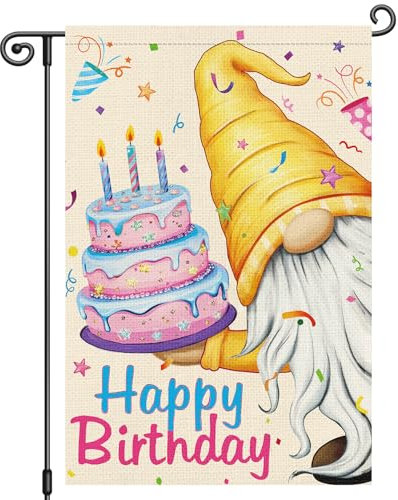Louise Maelys Happy Birthday Garden Flag Gnome with Cake Welcome 12x18 Inch Double Sided Small Burlap All Seasonal Party Holiday Celebrate Yard Outdoor Sign Outside Home House Decor