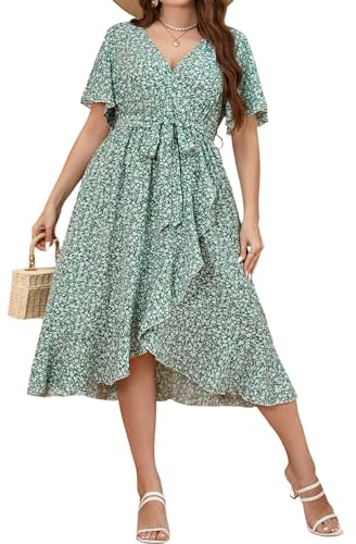 SweatyRocks Damen Curvy Kleid Langes Wickelkleid Blümchenmuster Sommerkleid V Ausschnitt Midikleid mit Gürtel Kurzarm Große Größen A Linie Kleider Grün 3XL