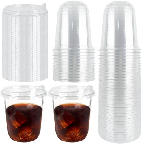 YEXEXINM 50 bicchieri riutilizzabili in plastica trasparente da 473,6 ml, resistenti tazze da asporto con coperchi senza cannuccia, fondo rotondo, per frullati, frappè, tè freddo, caffè, per feste