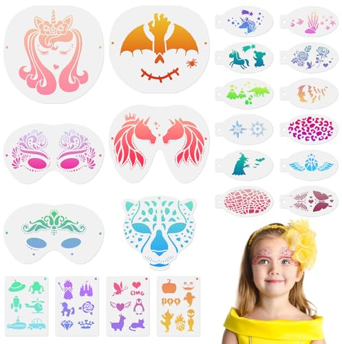 URAQT Tattoo Schablonen Kinder, 22 Blatt Wiederverwendbare Gesichtsfarbe Schablonen Kit, Tattoo Design Werkzeuge für Party, Karneval, Weihnachten Halloween Maskerade (Leoparden-Kombinationsset)
