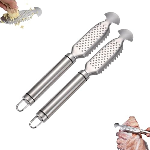 Squamatore per pesci in acciaio inox da 23 cm con piastra per grattugiare zenzero e aglio, 2 in 1, utensile da cucina con manico sospeso, per uso domestico e ristorante, 2 pezzi