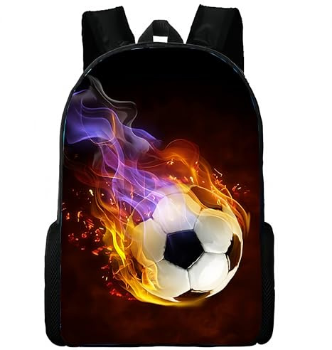 3D Flaming Soccer Ball School Backpack, Black with Fire Effect Design