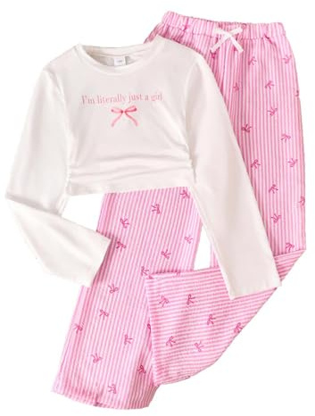Vuncio Ensemble Hiver Enfant Fille Pantalon Jambe Large Et Haut Tee Shirt Manche Longue Ado Fille Chic Et Elegant Confortable Mignon Leger Casual Loisirs Vacances 8-13 Ans (White, 12-13 Years)