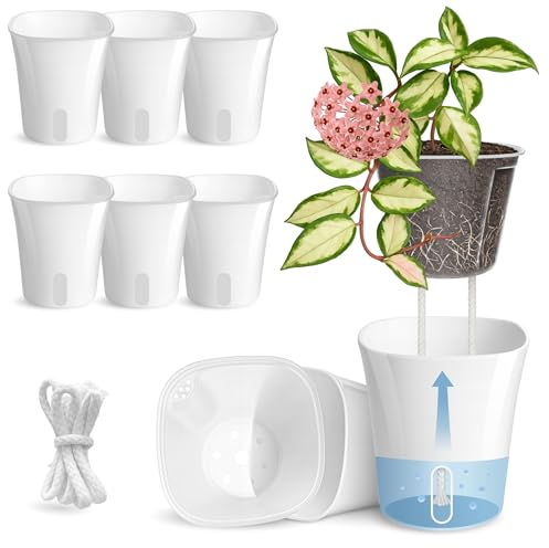 Vandorelle 8 Pack 4 Self Watering Pots for Indoor Plants, Clear Inner Cup, Small White Plastic Planters, Water Level Indicator, Drainage Holes, Extra 3ft Wick, Cuttings,Seedlings,Herb,African Violets