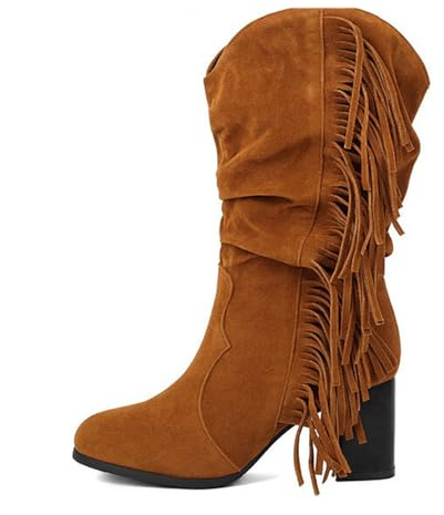 MODSGUE Bottes de cowboy en daim avec franges pour femme - Style bohème - Talon compensé - Bottes hautes au genou - Confortables - Boucle décontractée - Longue tige - Bottes montantes pour femme