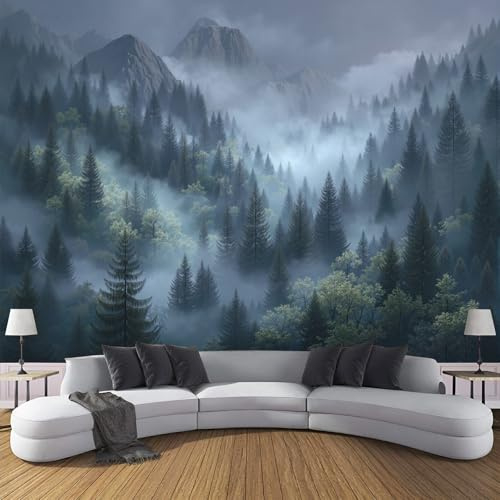 SMBHIAON Papier peint panoramique artistique 450×315 CM - Revêtement mural décoration chambre salon - Paysage De Montagne Et De Forêt - Vert - Forêt De Pins Imposante