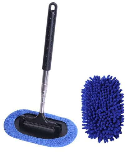 Healeved Kit de Nettoyage Automobile Raclette Télescopique Brosse Amovible pour Pare-Brise et Essuie-Rétroviseur Outil Polyvalent Bleu pour Vitres Intérieures et Extérieures de Voiture