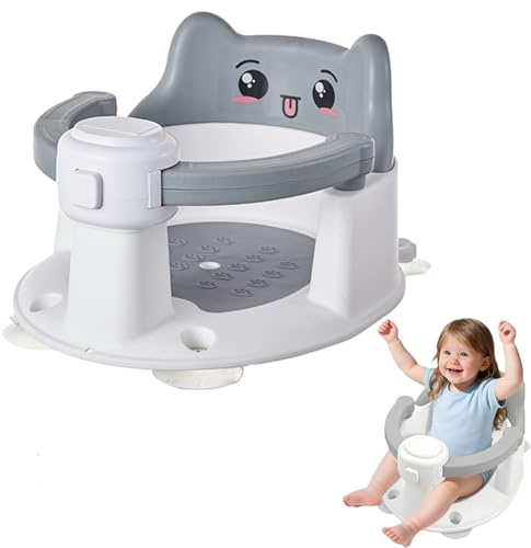 Söt baby badstol, gråvit elefantdesign badstöd för småbarn, halkfri badkarsstol med säkerhetsfäste