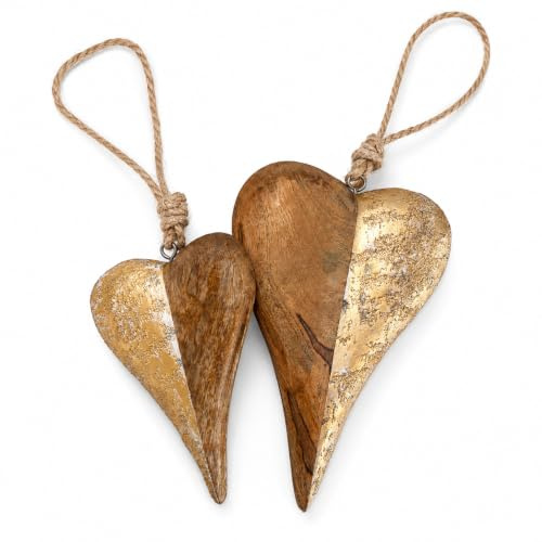 Holzherz Deko 2er Set – Fensterdeko Sommer aus Mangoholz mit goldenen Akzenten, Herz Anhänger zum Hängen, Boho Landhaus Deko für Fenster, Wand & Tür by khevga
