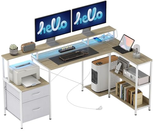 HOMCOM Bureau d'angle avec Prises et Lumières LED RGB 172x100cm Blanc