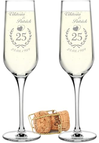 polar-effekt 2 Sektgläser mit Gravur Hochzeitsgeschenke mit Namen, Datum Jubiläumskranz Sektkelche Geschenk-Idee zur Silberhochzeit, Goldhochzeit, Jubiläu