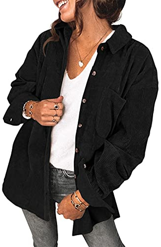 Saslax Camicia da Donna in Velluto a Coste a Maniche Lunghe Oversize con Bottoni e Scollo a V Camicetta Top Giacca Sciancrata, A-Nero, L