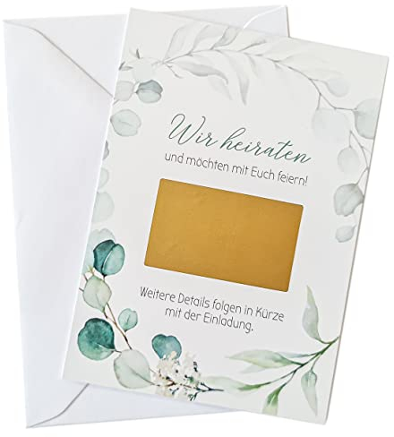 Suzu Papers SAVE THE DATE Karten Hochzeit Eukalyptus - Rubbelkarten zum selber beschriften mit Rubbelaufkleber und Briefumschlag