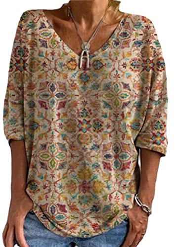 Onsoyours Femme Vintage Imprimé Chic Col en V 3/4 Manches Shirts Élégant Imprimé Tops Blouse Mode Casual Loose Tunique Tops Hauts T-Shirts A Kaki XL