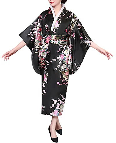 Buen Amixyl kimono japonés mujer Tradicional joven dama Yukata con traje bata de satén, Negro, M