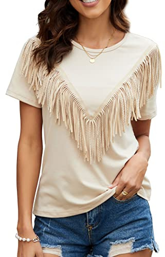 PESION Damen Fransenbesatz Shirts Kurzarm Quaste Trim Bluse T-Shirt Tops