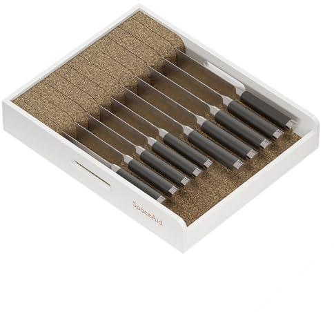SpaceAid Large Knife Drawer Organizer Bamboo Insert Dock, Kitchen Steak Knives Holder Organizers Block for Drawer in Storage Organization (Large, White)