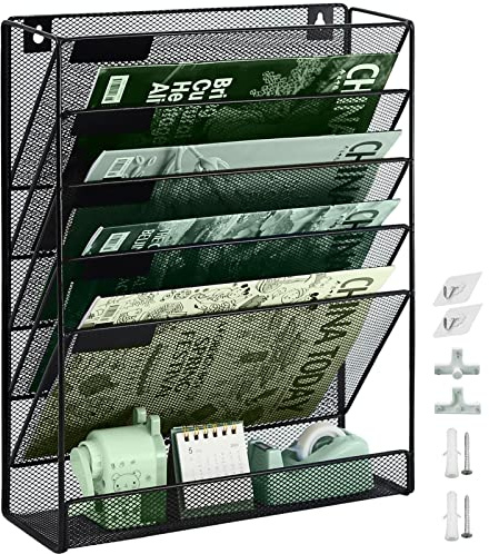 ideallife 6 Fächer Zeitschriften Wandhalter aus Metall, Zeitschriftenhalter Wand, Prospektspenderset und Wandablagefächer für Büro Organizer & Ablage, Schwarz