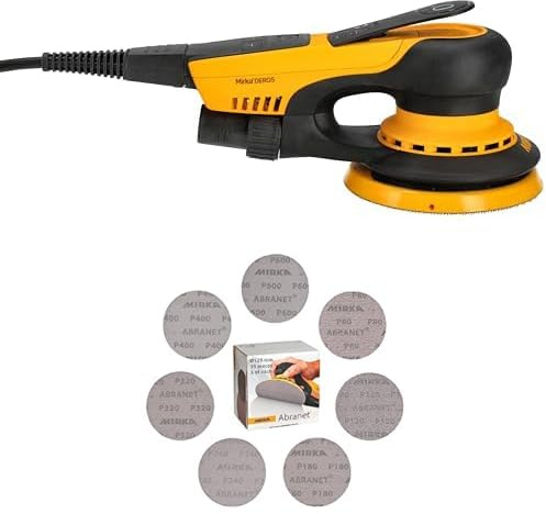 Mirka DEROS II 550 Exzenter-Schleifer Schleifmaschine mit Absaugung für Ø 125mm Schleifpapier, 2,5mm Hub Exzenterschleifmaschine + Mirka Abranet Netzschleifscheiben Ø 125 mm Klett