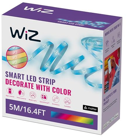 WiZ Smart RGB LED Strip Light, 5m, 16 Million Colors, Dynamic Scenes, Connects to Your Wi-Fi, Voice/App Control, Works with Google Home, Alexa and HomeKit, LED Lights - Bedroom, Kitchen, Living Room