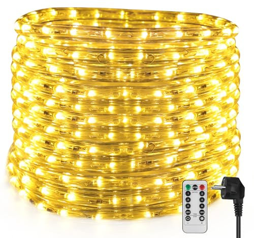 kefflum LED Lichterschlauch Aussen Warmweiß 14M 504LEDs, IP65 Wasserdicht lichtschlauch mit Fernbedienung Speicherfunktion 6 Modi Helligkeit Dimmbar Timer für Weihnachten Dekoration Zaun Dach