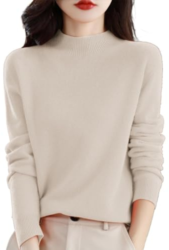Cashmere Jumpers Ladies Women's Semi Turtleneck Sweater Long Sleeve Solid Color Pullover with A Base Shirt Autumn and Winter Warm Loose Sweater Jumpers for Women UK Beige