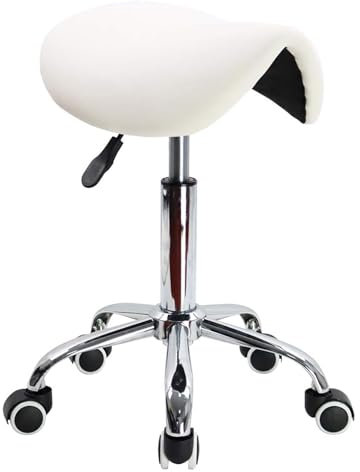 QZQJUILU Rollhocker mit Rädern, ergonomischer Sattelstuhl, höhenverstellbar, Drehhocker für Klinik, Zahnarzt, Spa, Massagesalon, Friseur, Weiß