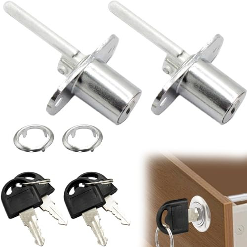 2PCS Filing Cabinet Plunger Lock with Keys - Silver Zinc Alloy for Desk, Cupboard, Door, Filing Cabinet, Wardrobe and Furniture - Drawer Security