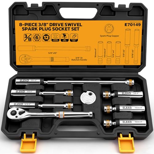 8-Piece 3/8 Drive Magnetic Swivel Spark Plug Socket Set, 5/8, 9/16, 14mm, 16mm, Include Ratchet Handle & Spark Plug Gapper, 6 & 12 Point CR-V Spark Plug Removal Tool