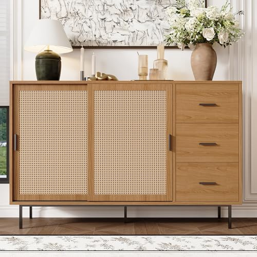 MSMOK 140 x 37 x 91 cm, aparador con 2 puertas correderas y 3 cajones con estantes ajustables, aparador de estilo rústico, adecuado para salón y comedor