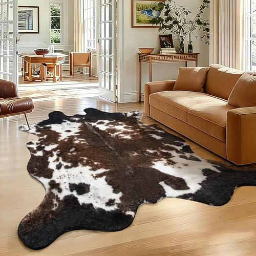 WMT NVMTER Faux Cowhide Rug, Fluffy Fur 4.6x5.2 Feet Washable Cow Print Rug for Living Room Bedroom Animal Print Hide Skin Rustic Western Décor Black and Brown