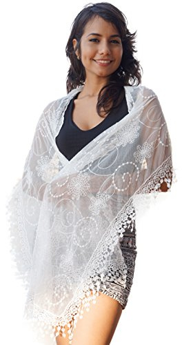 Women's lightweight Feminine Lace teardrop fringe Vintage Mesh Crochet Tassel Scarf for Women