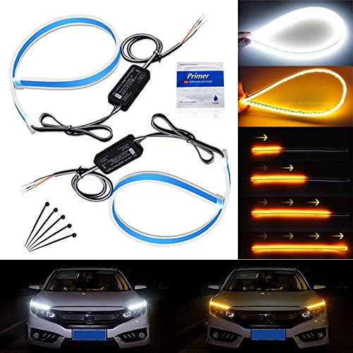 ALOPEE Ultra Brillante 45CM 17.7 Blanco/Ámbar Flexible Tira de Tubo LED Silicona Corriente Corriente Diurna Tear Strip Faros Delanteros Señal de Giro Luz de Guía de Estacionamiento (1 Juego)