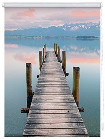 Lichtblick Klemmfix Verdunklungs-Rollo mit Motiv, ohne Bohren, Blickdicht, Seitenzugrollo, Made in Germany, Steg Abendstimmung - Blau Braun 120 cm x 150 cm (B x L)