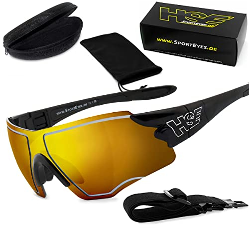 HSE SportEyes® | HLT® Kunststoff-Sicherheitsglas nach DIN EN 166 | Sportbrille, Radbrille, Sonnenbrille | Brillengestell: schwarz, Brille: SPEEDWULF (gold verspiegelt)