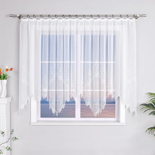 HeichkelL Jacquard Bogen Vorhang Transparente Gardine Spitze Bandschal Store Kräuselband Dekoschal Weiß HöhexBreite 145x450cm Blumenmuster #2