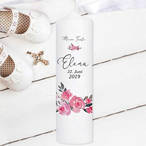 Wandtattoo Loft Taufkerze Rosenkranz Blütenkranz - Kerze zur Taufe, Geburt oder Kommunion – weiß 25 x 7 cm mit Name, Datum, ggf. Taufspruch / / Taufkerze 25 x 7 cm (ohne Taufspruch)
