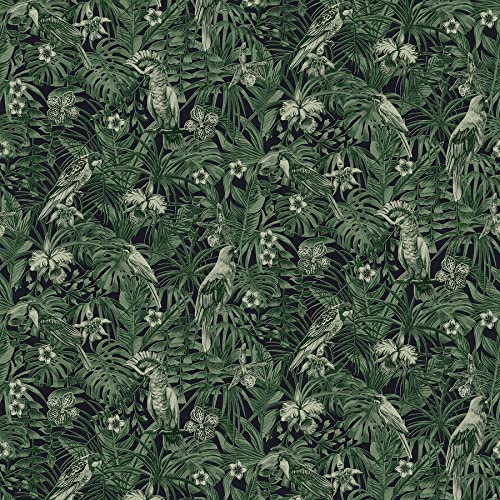 A.S. Création Papier Peint Intissé Greenery Effet Jungle Avec Oiseaux - Vert et Noir - 10,05 m x 0,53 m - 372101 37210-1
